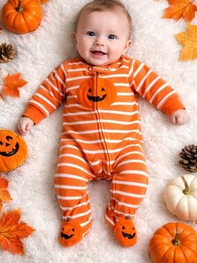 Carter's Orange & White Striped Baby Zip Pajamas. Size NB. Gently used.